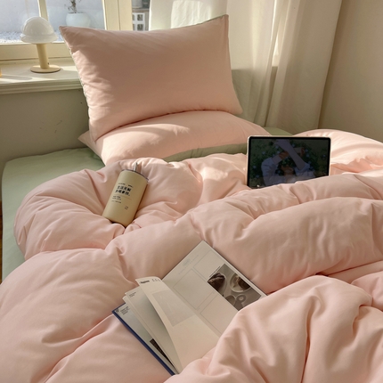 芷凡家纺 2025新款亲肤棉纯色双拼四件套 奶油粉+浅绿