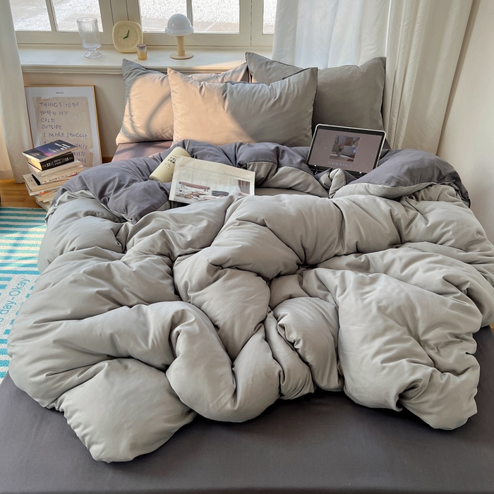 91家纺网 家纺一手货源 找家纺 芷凡家纺 2025新款亲肤棉纯色双拼四件套 浅灰+深灰