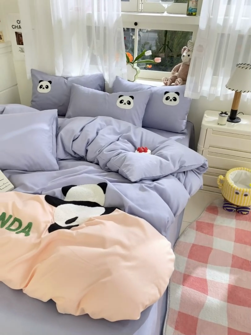 91家纺网 家纺一手货源 找家纺 盛秋家纺 2025新款A类水洗棉毛巾绣四件套-胖达 胖达-星黛紫