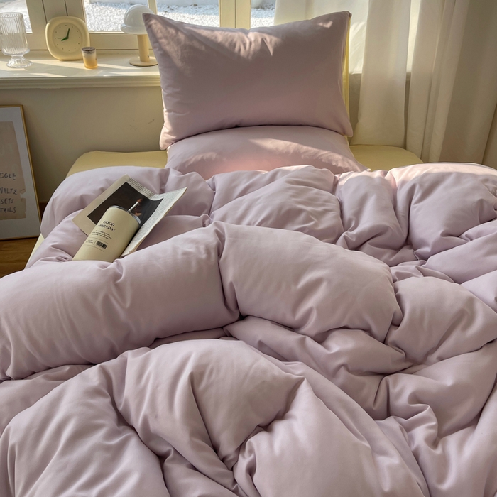 91家纺网 家纺一手货源 找家纺 芷凡家纺 2025新款亲肤棉纯色双拼四件套 丁香紫+奶黄