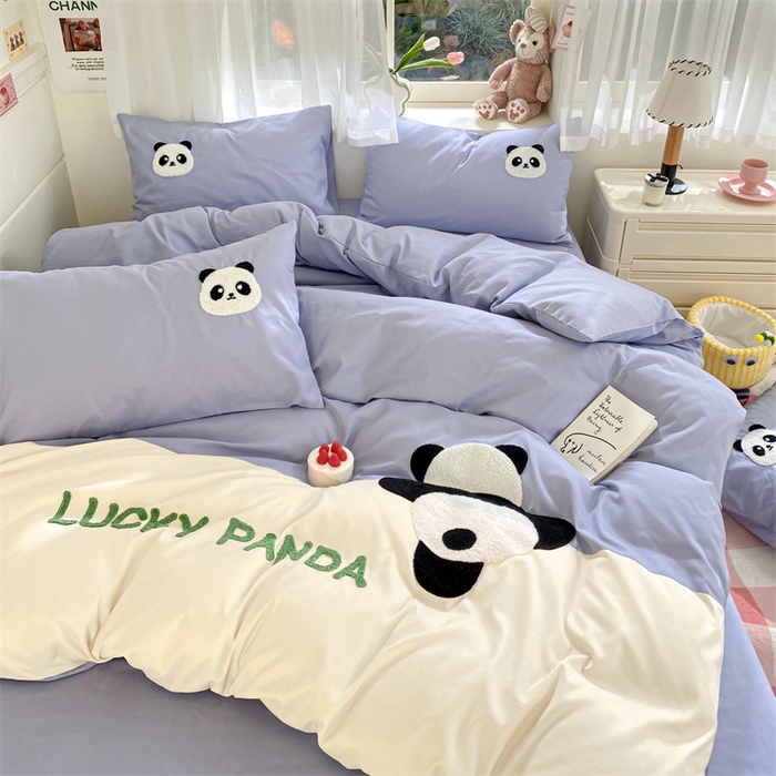 91家纺网 家纺一手货源 找家纺 盛秋家纺 2025新款A类水洗棉毛巾绣四件套-胖达 胖达-星黛紫