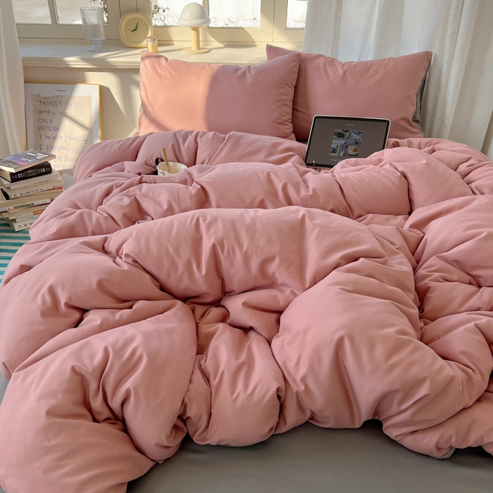 91家纺网 家纺一手货源 找家纺 芷凡家纺 2025新款亲肤棉纯色双拼四件套 豆沙+浅灰