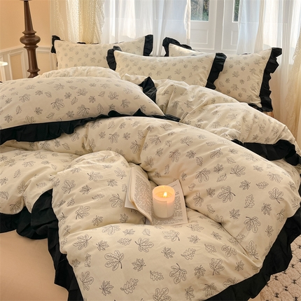 羚羊语家纺 2025新款春夏ins40支全棉韩式花边款轻法式13372小清新喷气印花纯棉四件套被套床单床笠三件套 繁花一梦