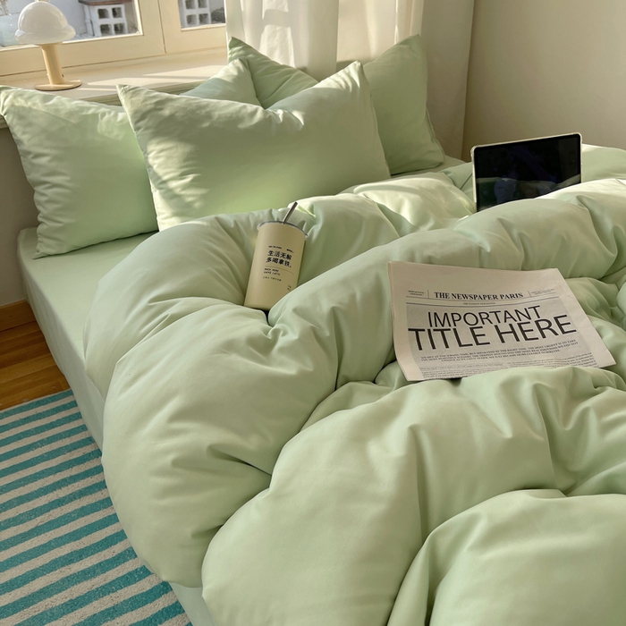 91家纺网 家纺一手货源 找家纺 芷凡家纺 2025新款亲肤棉纯色双拼四件套 浅绿