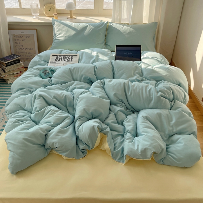 91家纺网 家纺一手货源 找家纺 芷凡家纺 2025新款亲肤棉纯色双拼四件套 蓝灰+奶黄