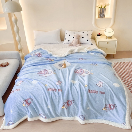 91家纺网 家纺一手货源 找家纺 恋佳居 2025新款羊羔绒包边雪花绒小清新毛毯 太空遨游