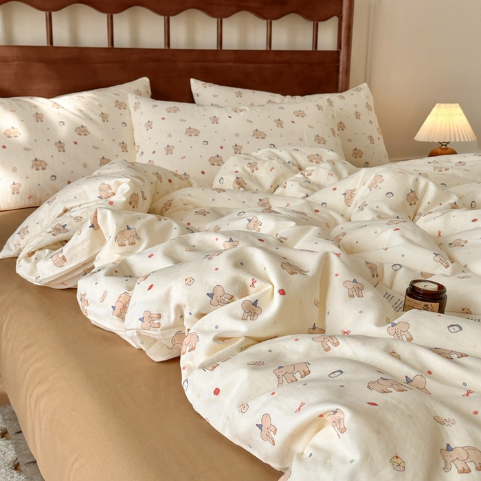 91家纺网 家纺一手货源 找家纺 呗旺鹿 2025新款A类母婴级全棉有氧双层纱印花四件套 长象鼻