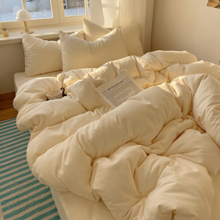 91家纺网 家纺一手货源 找家纺 芷凡家纺 2025新款亲肤棉纯色双拼四件套 米白