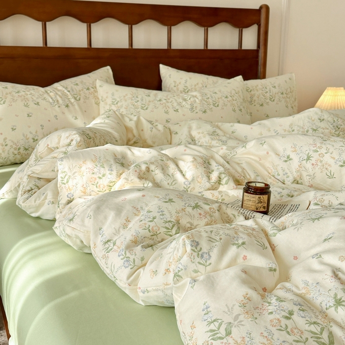 91家纺网 家纺一手货源 找家纺 呗旺鹿 2025新款A类母婴级全棉有氧双层纱印花四件套 绿姿