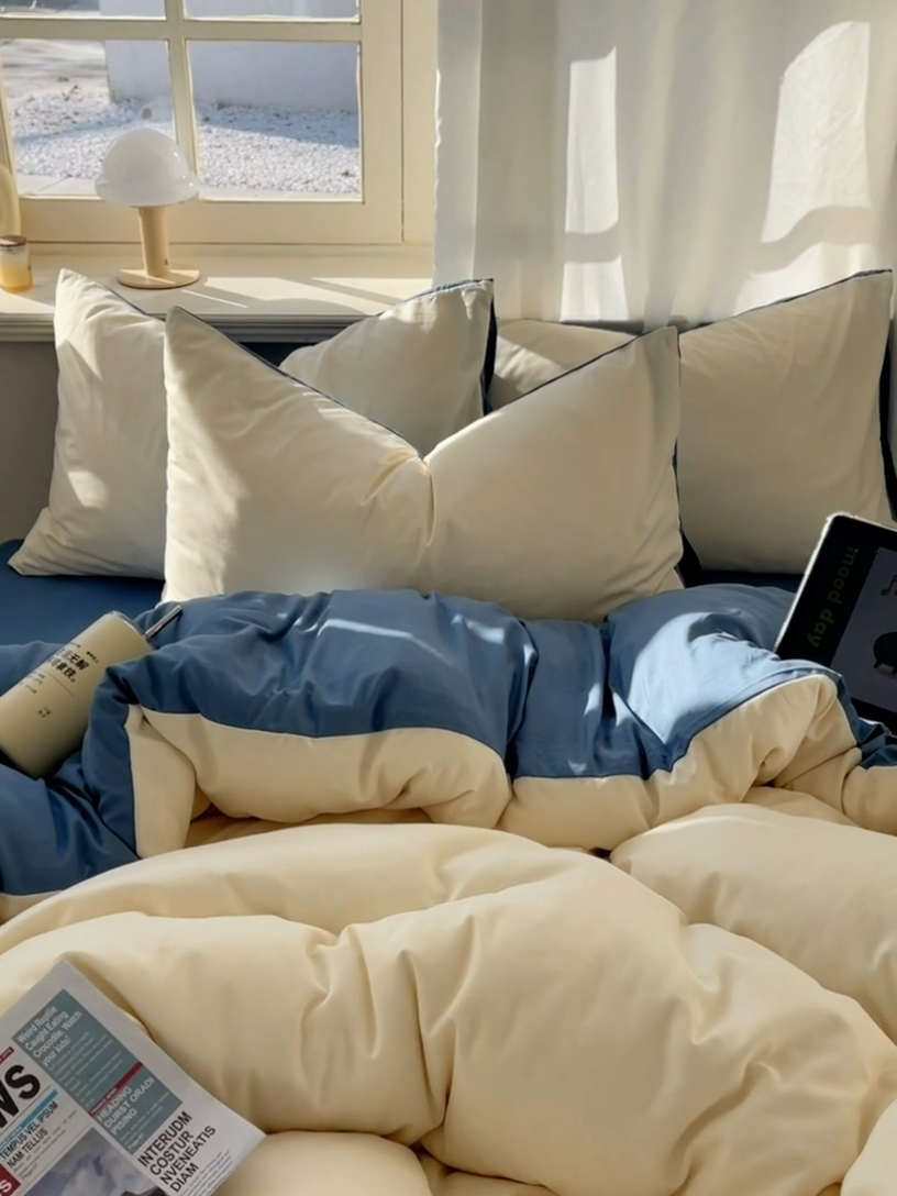 91家纺网 家纺一手货源 找家纺 芷凡家纺 2025新款亲肤棉纯色双拼四件套 米白+牛仔蓝