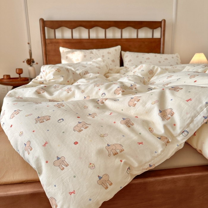 91家纺网 家纺一手货源 找家纺 呗旺鹿 2025新款A类母婴级全棉有氧双层纱印花四件套 长象鼻