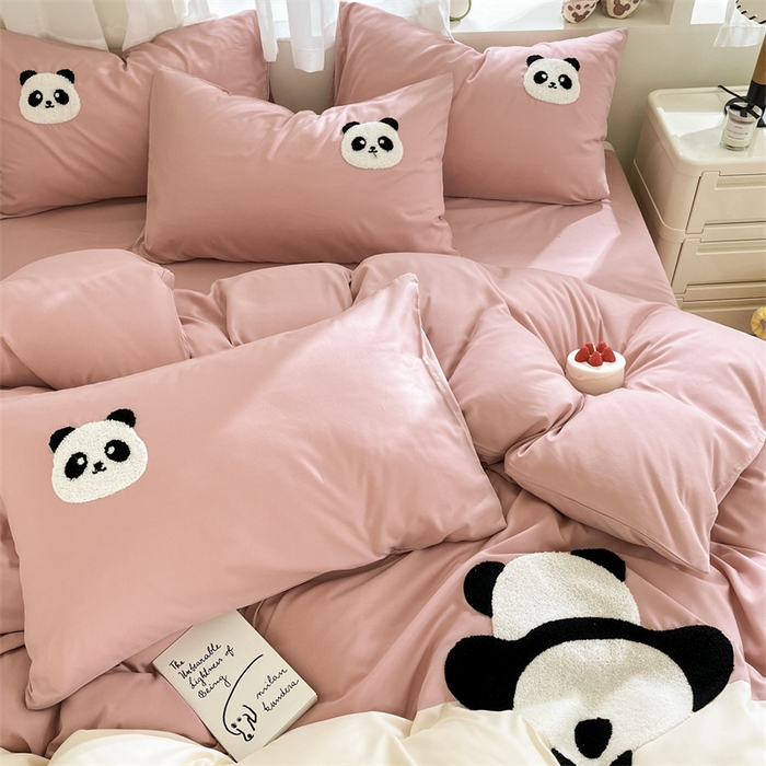 91家纺网 家纺一手货源 找家纺 盛秋家纺 2025新款A类水洗棉毛巾绣四件套-胖达 胖达-浅豆沙