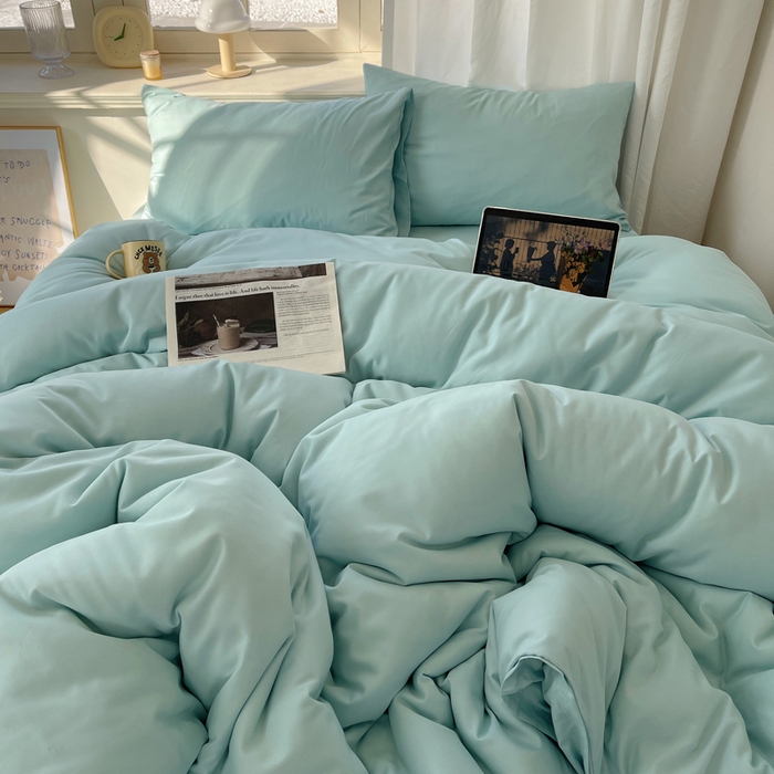 91家纺网 家纺一手货源 找家纺 芷凡家纺 2025新款亲肤棉纯色双拼四件套 蓝灰