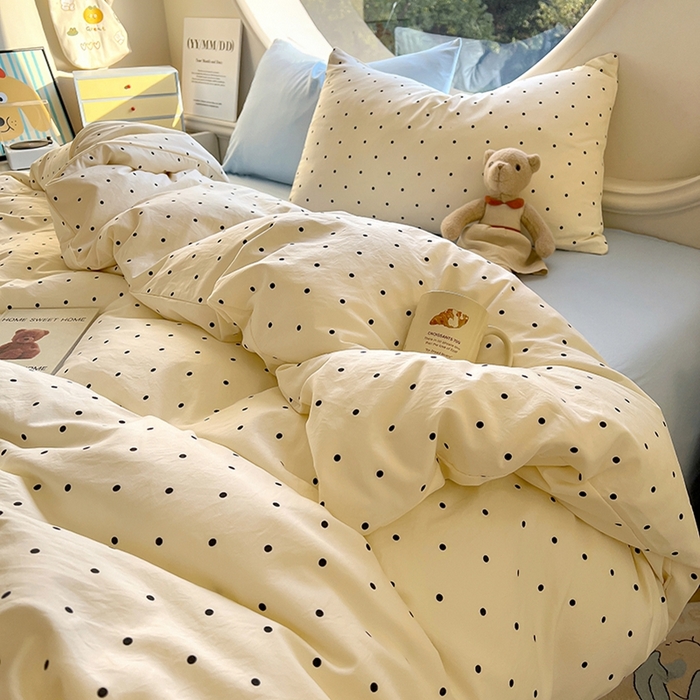 91家纺网 家纺一手货源 找家纺 茉礼 2025新款高克重ins风超柔软软糯糯小清新卡通印花水洗棉四件套 海盐波点