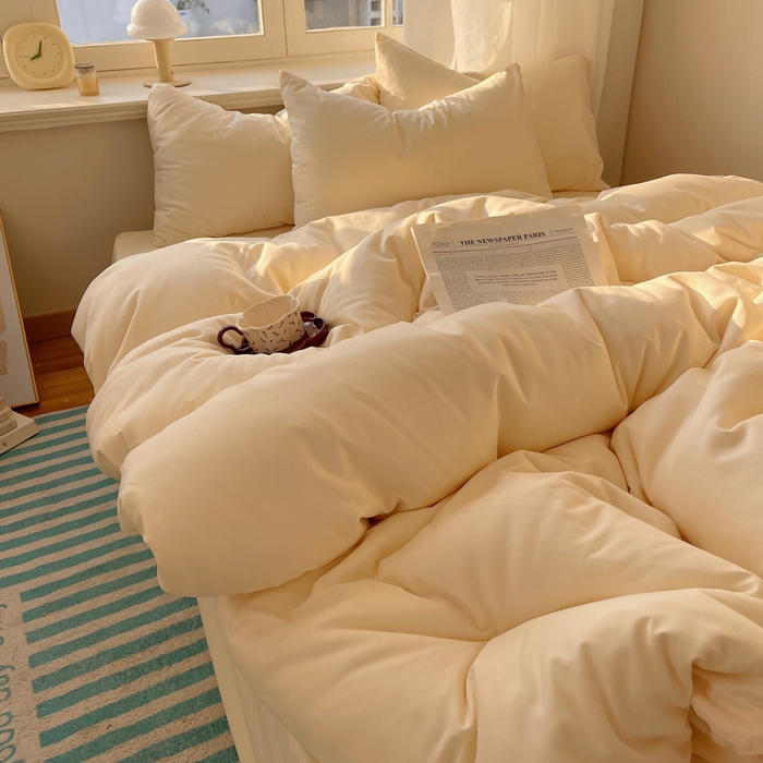 91家纺网 家纺一手货源 找家纺 芷凡家纺 2025新款亲肤棉纯色双拼四件套 米白