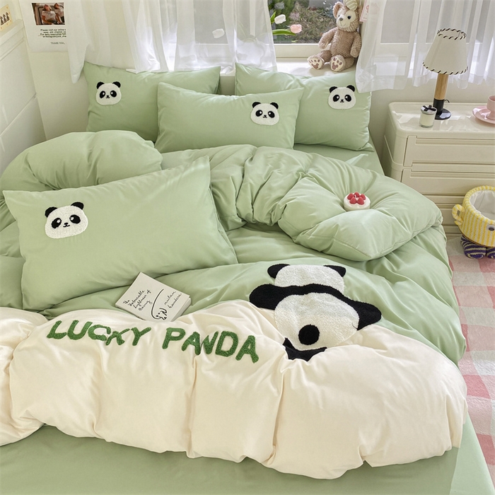 91家纺网 家纺一手货源 找家纺 盛秋家纺 2025新款A类水洗棉毛巾绣四件套-胖达 胖达-果绿