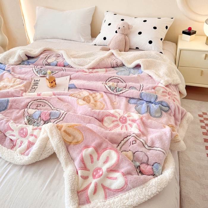 91家纺网 家纺一手货源 找家纺 恋佳居 2025新款羊羔绒包边雪花绒小清新毛毯 花海