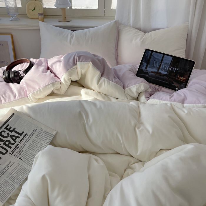 91家纺网 家纺一手货源 找家纺 芷凡家纺 2025新款亲肤棉纯色双拼四件套 奶白+丁香紫