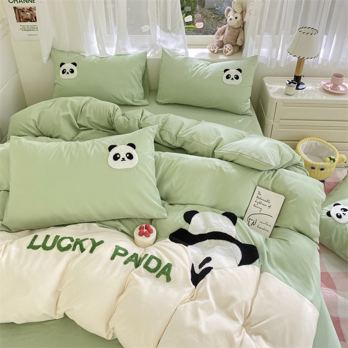 91家纺网 家纺一手货源 找家纺 盛秋家纺 2025新款A类水洗棉毛巾绣四件套-胖达 胖达-果绿