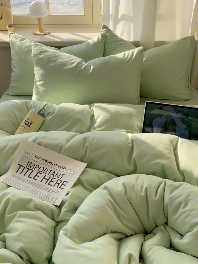 91家纺网 家纺一手货源 找家纺 芷凡家纺 2025新款亲肤棉纯色双拼四件套 浅绿