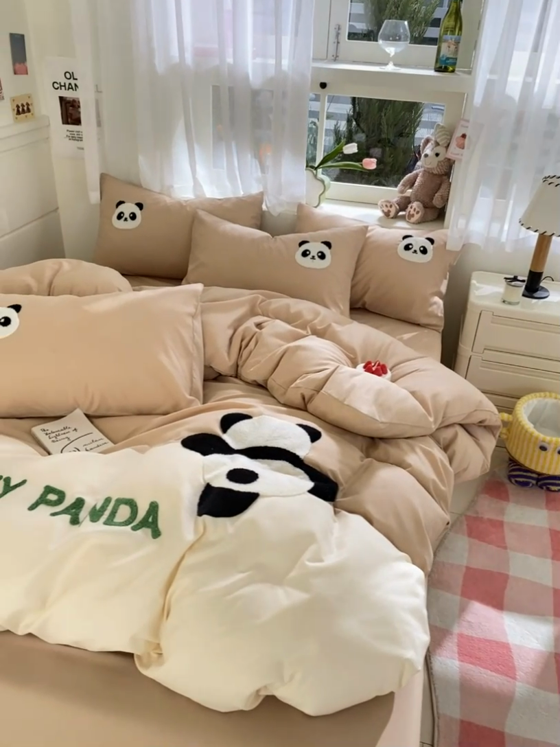 91家纺网 家纺一手货源 找家纺 盛秋家纺 2025新款A类水洗棉毛巾绣四件套-胖达 胖达-奶茶