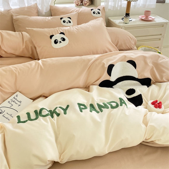 91家纺网 家纺一手货源 找家纺 盛秋家纺 2025新款A类水洗棉毛巾绣四件套-胖达 胖达-奶茶