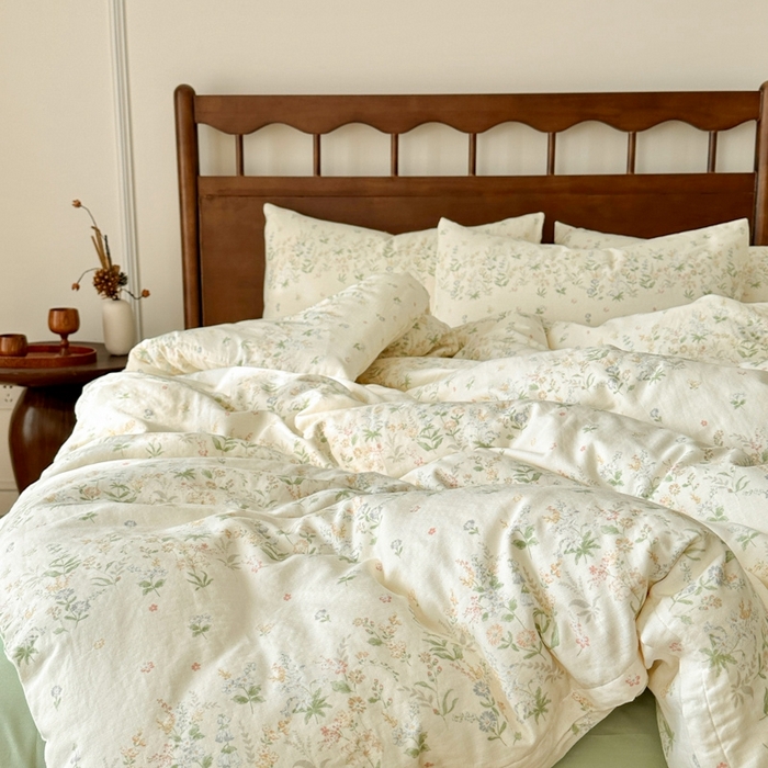 91家纺网 家纺一手货源 找家纺 呗旺鹿 2025新款A类母婴级全棉有氧双层纱印花四件套 绿姿