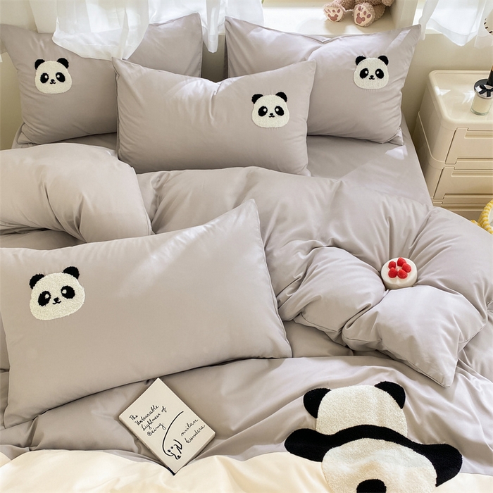 91家纺网 家纺一手货源 找家纺 盛秋家纺 2025新款A类水洗棉毛巾绣四件套-胖达 胖达-山灰