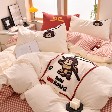 91家纺网 家纺一手货源 找家纺 （总）炫拼家纺 2025新款卡通多巴胺A类全棉40支水洗棉毛巾绣四件套