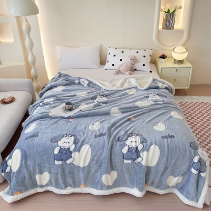91家纺网 家纺一手货源 找家纺 恋佳居 2025新款羊羔绒包边雪花绒小清新毛毯 爱心小狗
