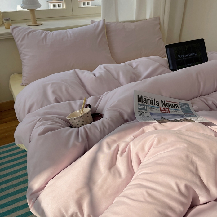 91家纺网 家纺一手货源 找家纺 芷凡家纺 2025新款亲肤棉纯色双拼四件套 丁香紫+奶黄