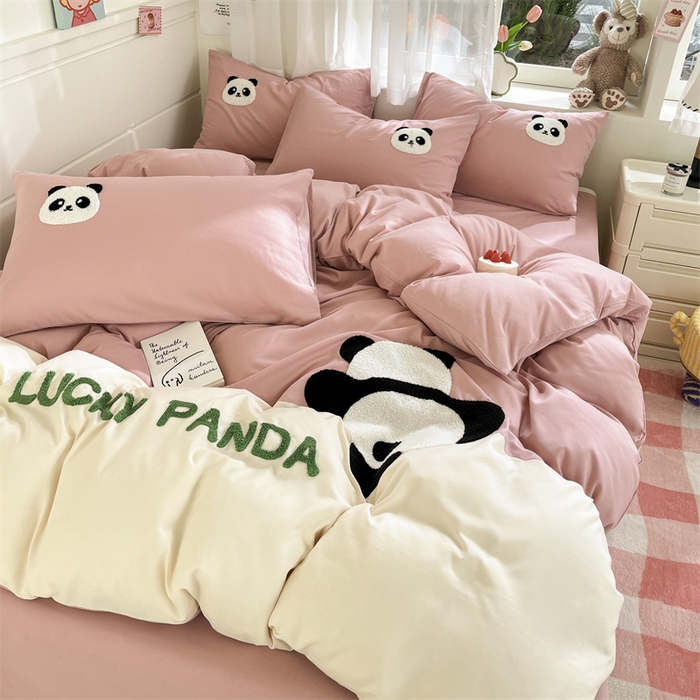 91家纺网 家纺一手货源 找家纺 盛秋家纺 2025新款A类水洗棉毛巾绣四件套-胖达 胖达-浅豆沙