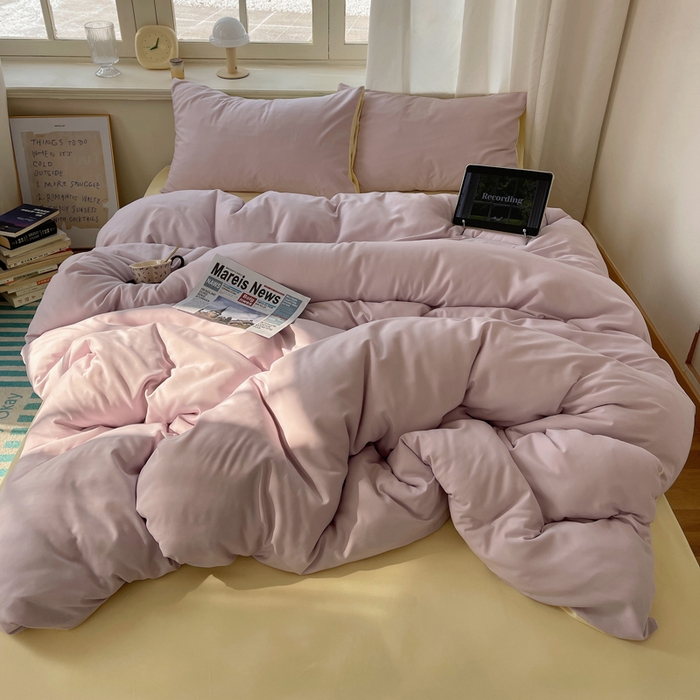 91家纺网 家纺一手货源 找家纺 芷凡家纺 2025新款亲肤棉纯色双拼四件套 丁香紫+奶黄