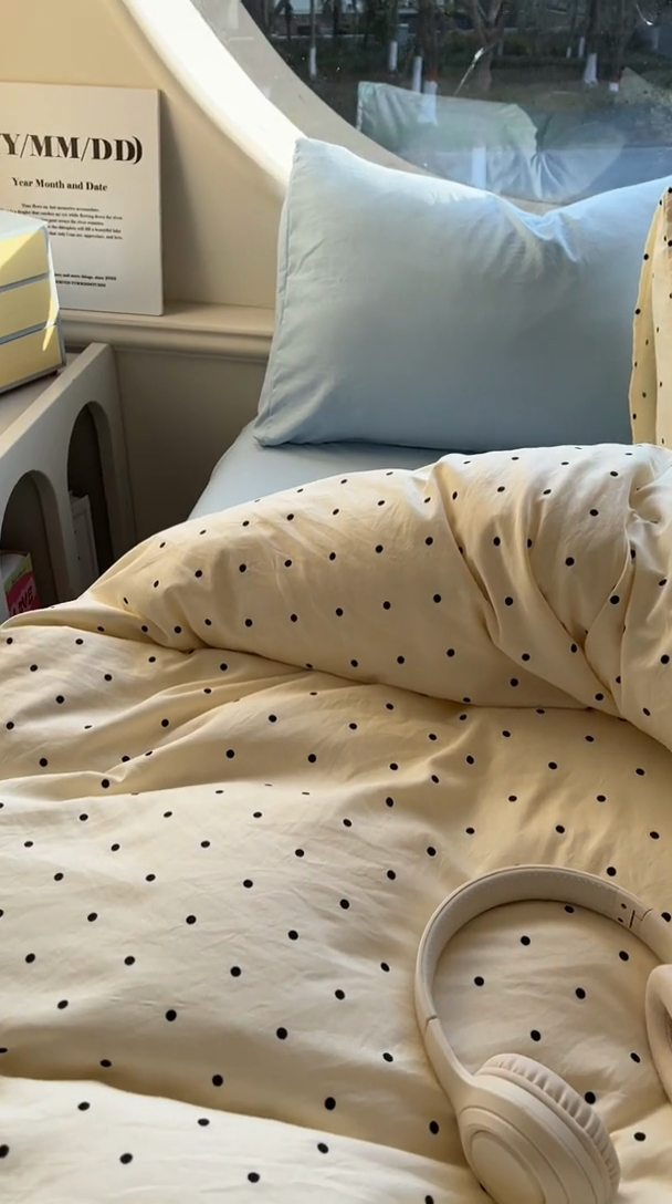 91家纺网 家纺一手货源 找家纺 茉礼 2025新款高克重ins风超柔软软糯糯小清新卡通印花水洗棉四件套 海盐波点