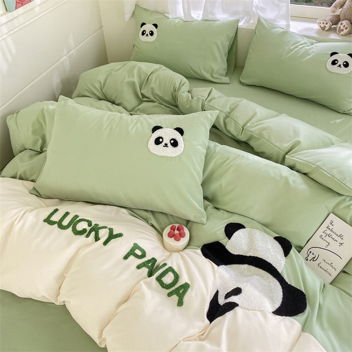 91家纺网 家纺一手货源 找家纺 盛秋家纺 2025新款A类水洗棉毛巾绣四件套-胖达 胖达-果绿