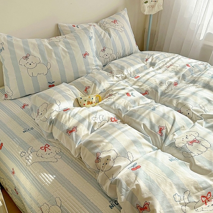 希诺家居 2025新款全棉卡通小清新床盖四件套 樱桃小奶狗