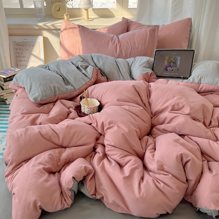 91家纺网 家纺一手货源 找家纺 芷凡家纺 2025新款亲肤棉纯色双拼四件套 豆沙+浅灰