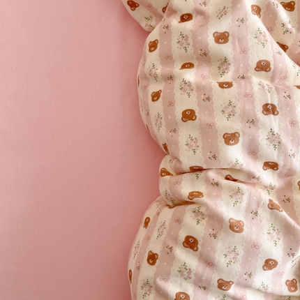 呗旺鹿 2025新款A类母婴级全棉有氧双层纱印花四件套 条纹小熊粉