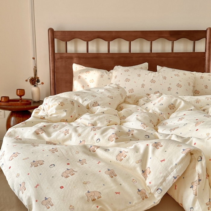 91家纺网 家纺一手货源 找家纺 呗旺鹿 2025新款A类母婴级全棉有氧双层纱印花四件套 长象鼻