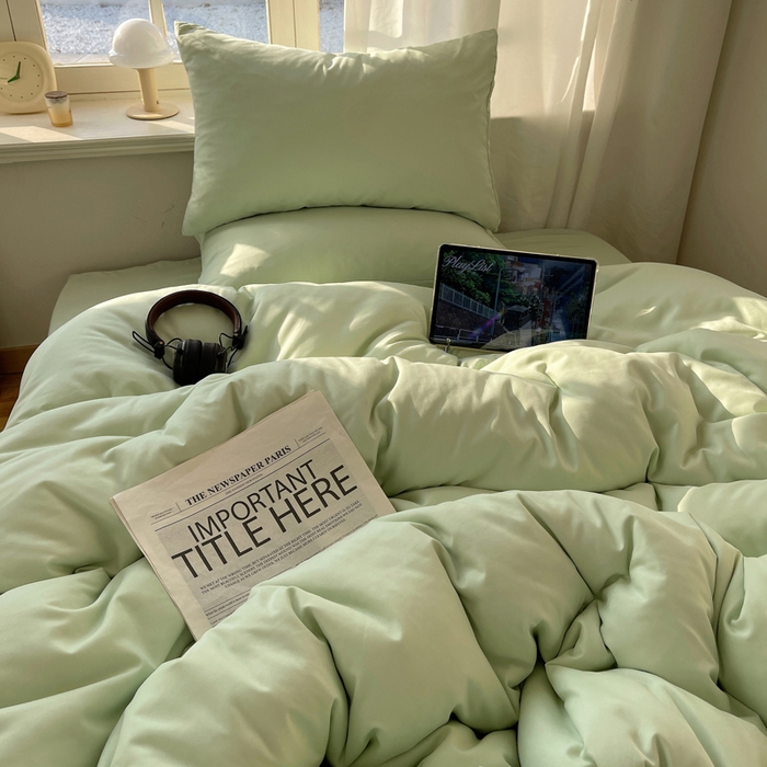 91家纺网 家纺一手货源 找家纺 芷凡家纺 2025新款亲肤棉纯色双拼四件套 浅绿