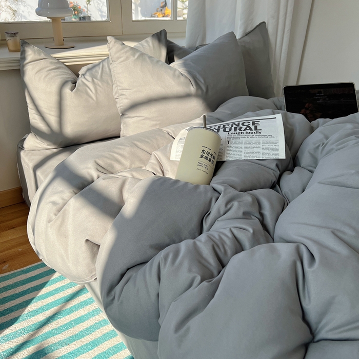 91家纺网 家纺一手货源 找家纺 芷凡家纺 2025新款亲肤棉纯色双拼四件套 浅灰