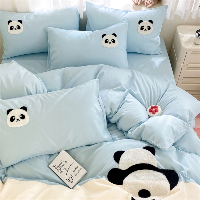 91家纺网 家纺一手货源 找家纺 盛秋家纺 2025新款A类水洗棉毛巾绣四件套-胖达 胖达-天空蓝