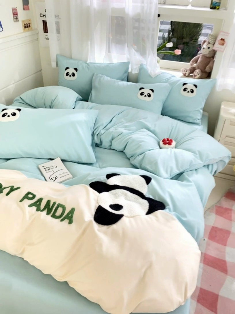 91家纺网 家纺一手货源 找家纺 盛秋家纺 2025新款A类水洗棉毛巾绣四件套-胖达 胖达-天空蓝