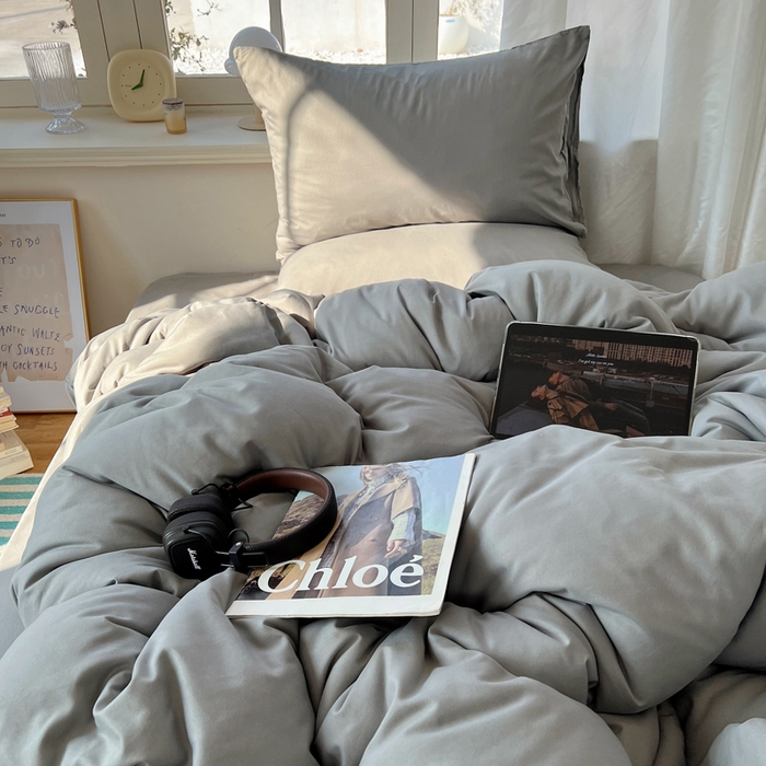 91家纺网 家纺一手货源 找家纺 芷凡家纺 2025新款亲肤棉纯色双拼四件套 浅灰