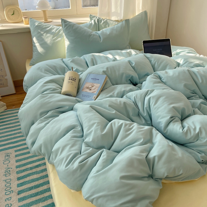 91家纺网 家纺一手货源 找家纺 芷凡家纺 2025新款亲肤棉纯色双拼四件套 蓝灰+奶黄