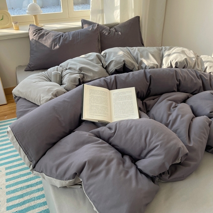 芷凡家纺 2025新款亲肤棉纯色双拼四件套 深灰+浅灰