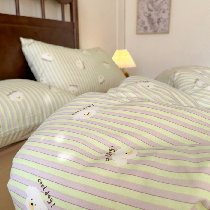 91家纺网 家纺一手货源 找家纺 呗旺鹿 2025新款A类母婴级全棉有氧双层纱印花四件套 哈哈狗