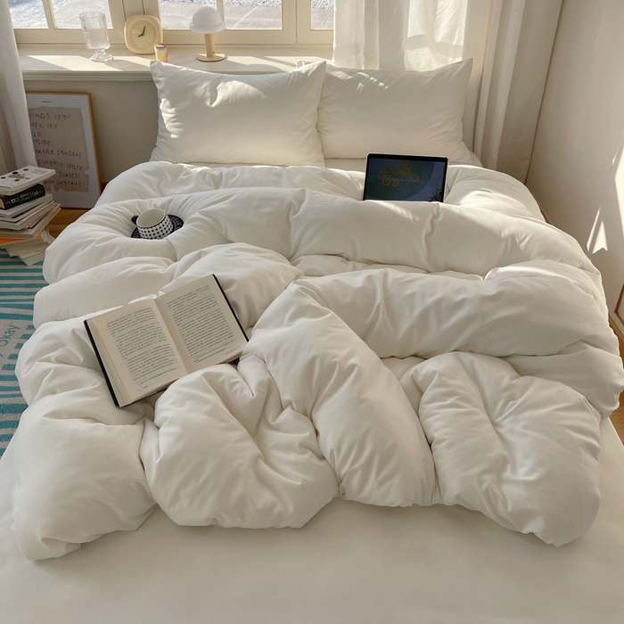 91家纺网 家纺一手货源 找家纺 芷凡家纺 2025新款亲肤棉纯色双拼四件套 奶白