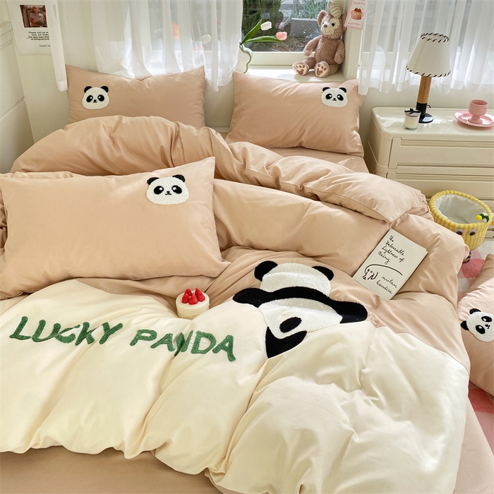 91家纺网 家纺一手货源 找家纺 盛秋家纺 2025新款A类水洗棉毛巾绣四件套-胖达 胖达-奶茶