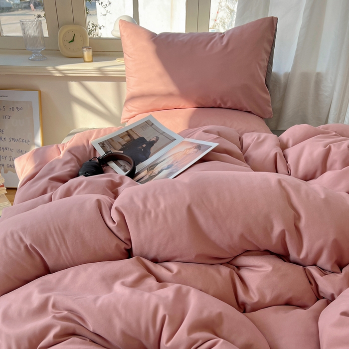 91家纺网 家纺一手货源 找家纺 芷凡家纺 2025新款亲肤棉纯色双拼四件套 豆沙+浅灰